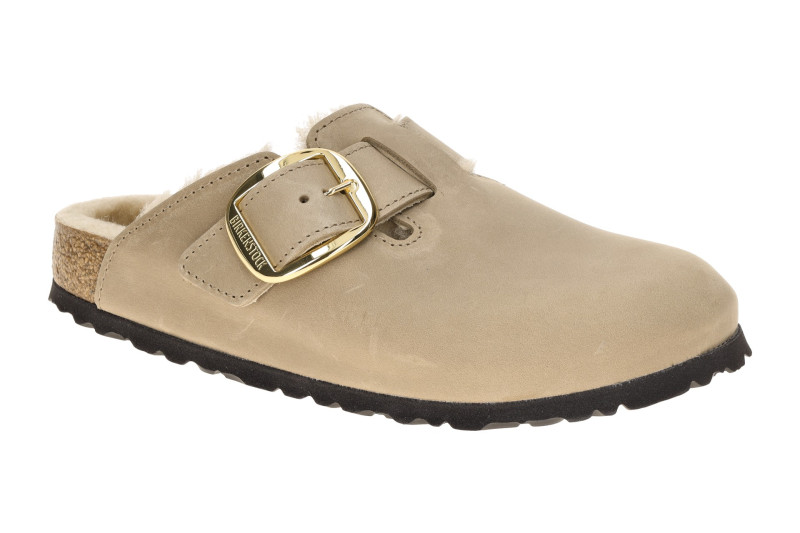 Birkenstock Boston Big Buckle Clogs Pantoletten beige SCHMAL Lammfell