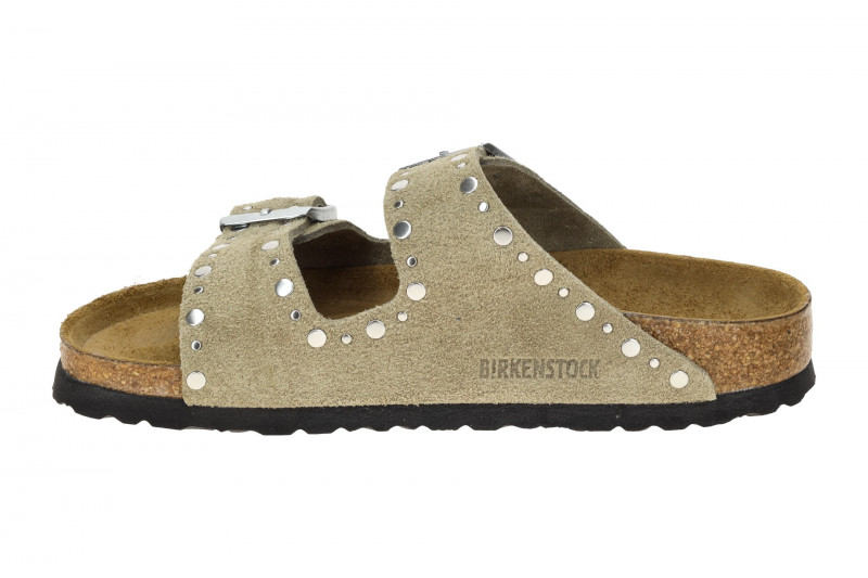 Birkenstock Arizona Rivet Border Pantolette taupe grau SCHMAL 1029390