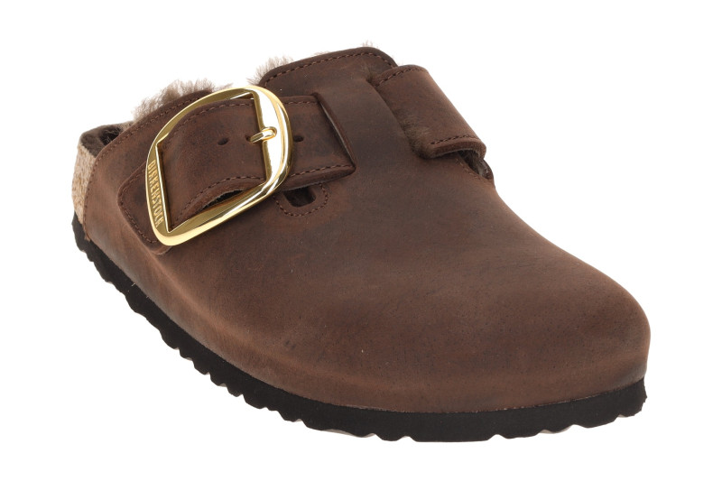 Birkenstock Boston Big Buckle Clogs Pantoletten braun SCHMAL Lammfell