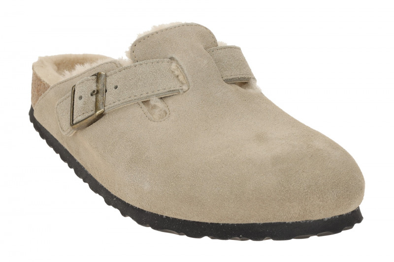 Birkenstock Boston Shearling Pantolette taupe grau SCHMAL 1028299