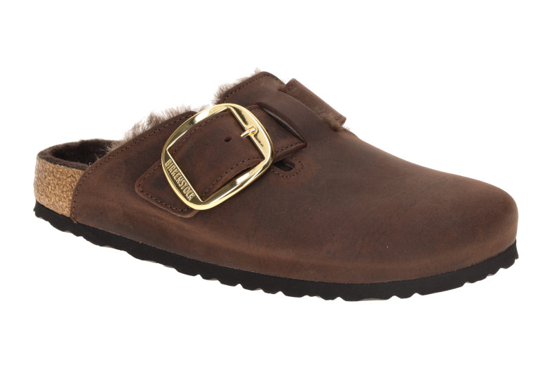 Birkenstock Boston Big Buckle Clogs Pantoletten braun SCHMAL Lammfell