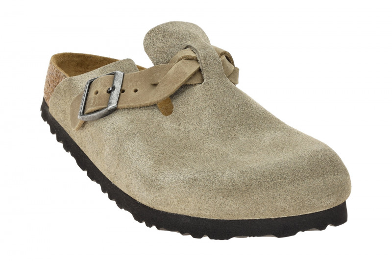 Birkenstock Boston Braided Pantolette grau Velour SCHMAL-WEIT 1026694