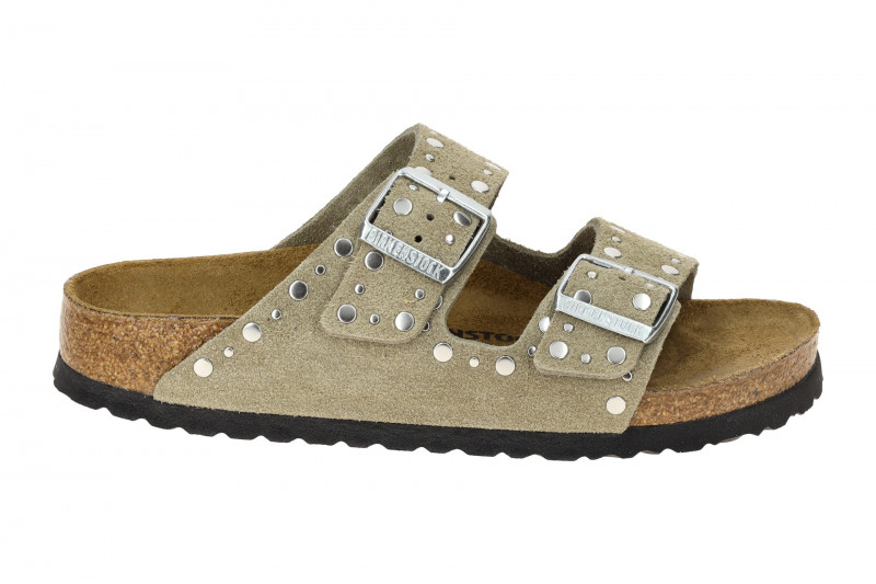 Birkenstock Arizona Rivet Border Pantolette taupe grau SCHMAL 1029390