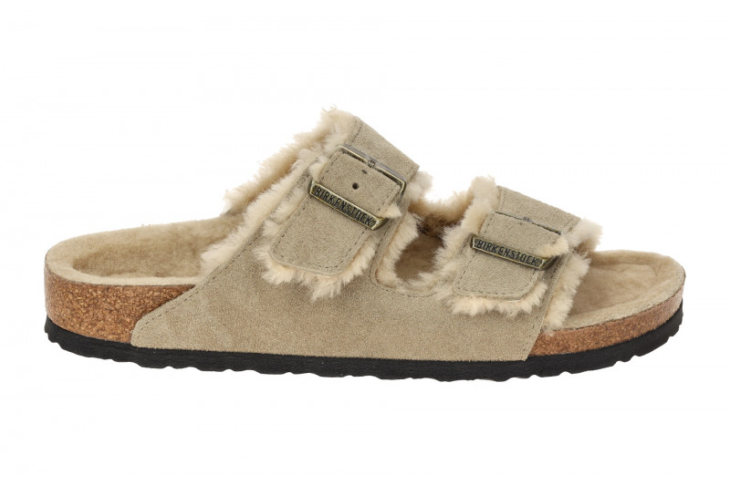 Birkenstock Arizona Shearling Pantolette taupe Lammfell Schmal 1028293