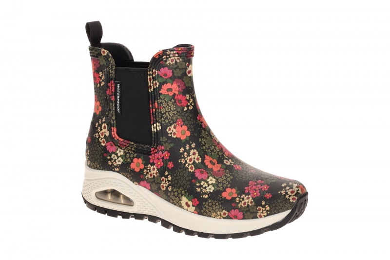 Skechers Uno Regen Stiefel schwarz Blumen Gummistiefel