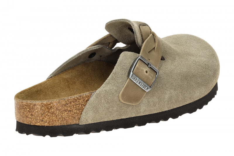 Birkenstock Boston Braided Pantolette grau Velour SCHMAL-WEIT 1026694
