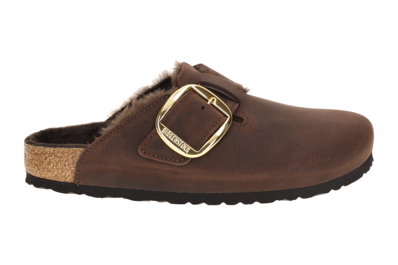 Birkenstock Boston Big Buckle Clogs Pantoletten braun SCHMAL Lammfell
