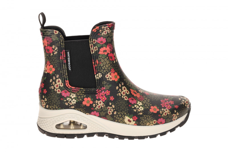 Skechers Uno Regen Stiefel schwarz Blumen Gummistiefel