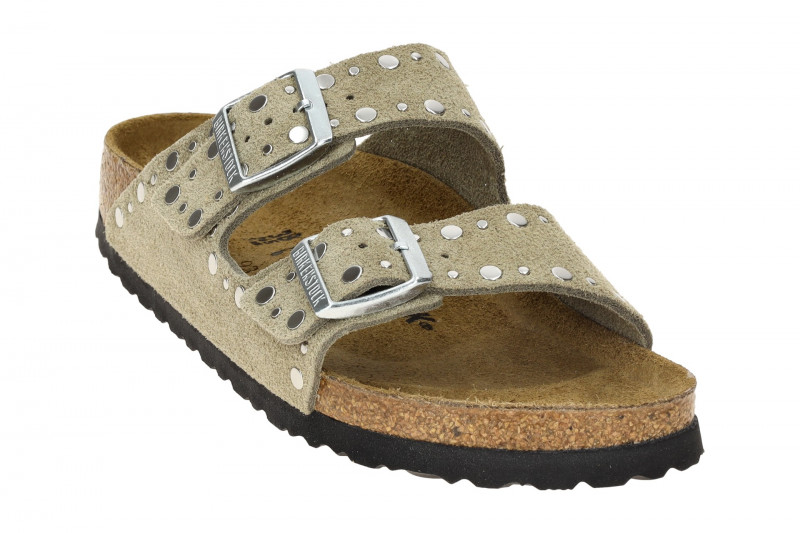 Birkenstock Arizona Rivet Border Pantolette taupe grau SCHMAL 1029390