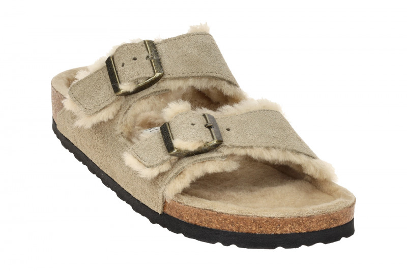 Birkenstock Arizona Shearling Pantolette taupe Lammfell Schmal 1028293