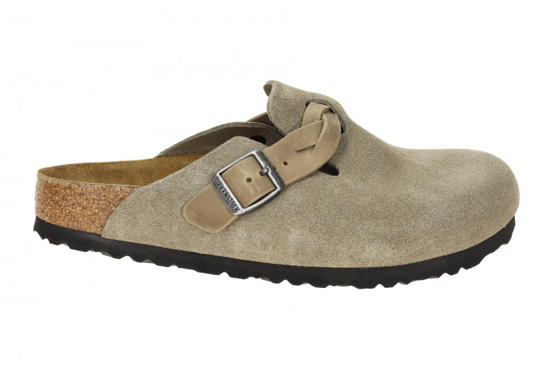 Birkenstock Boston Braided Pantolette grau Velour SCHMAL-WEIT 1026694