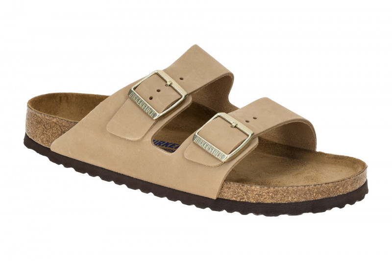 Birkenstock Arizona Pantolette beige Nubuck Soft-Footbet SCHMAL 1019016