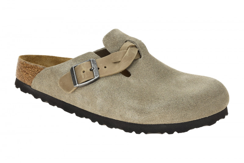 Birkenstock Boston Braided Pantolette grau Velour SCHMAL-WEIT 1026694